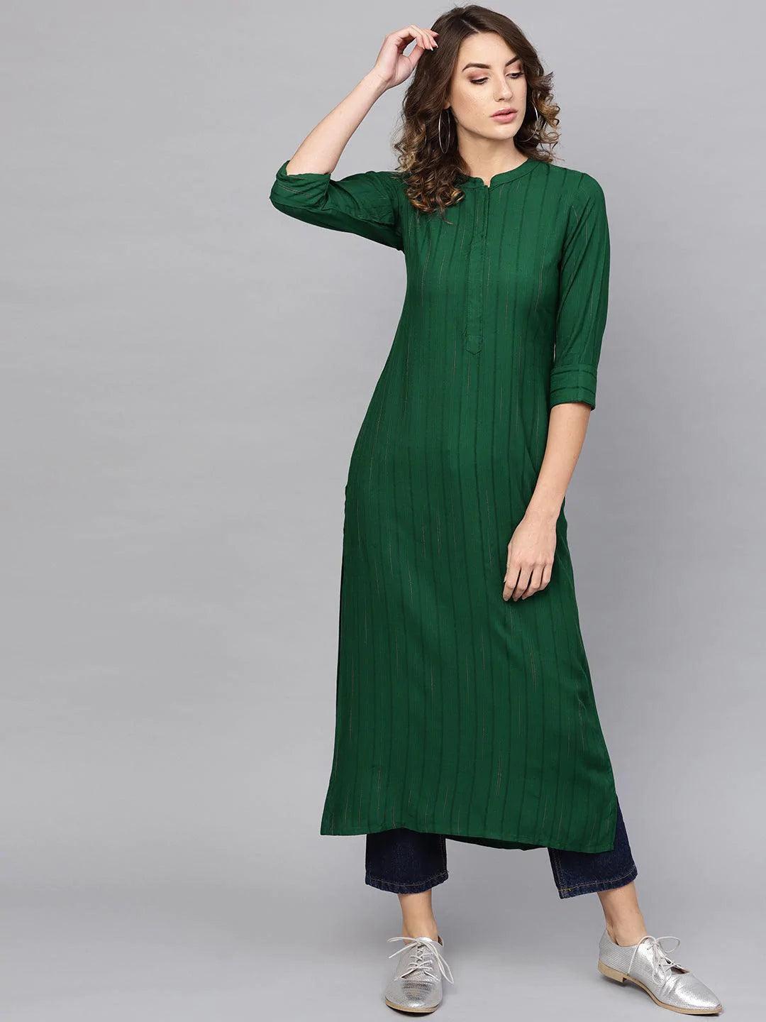 Green Striped Rayon Kurta - ShopLibas