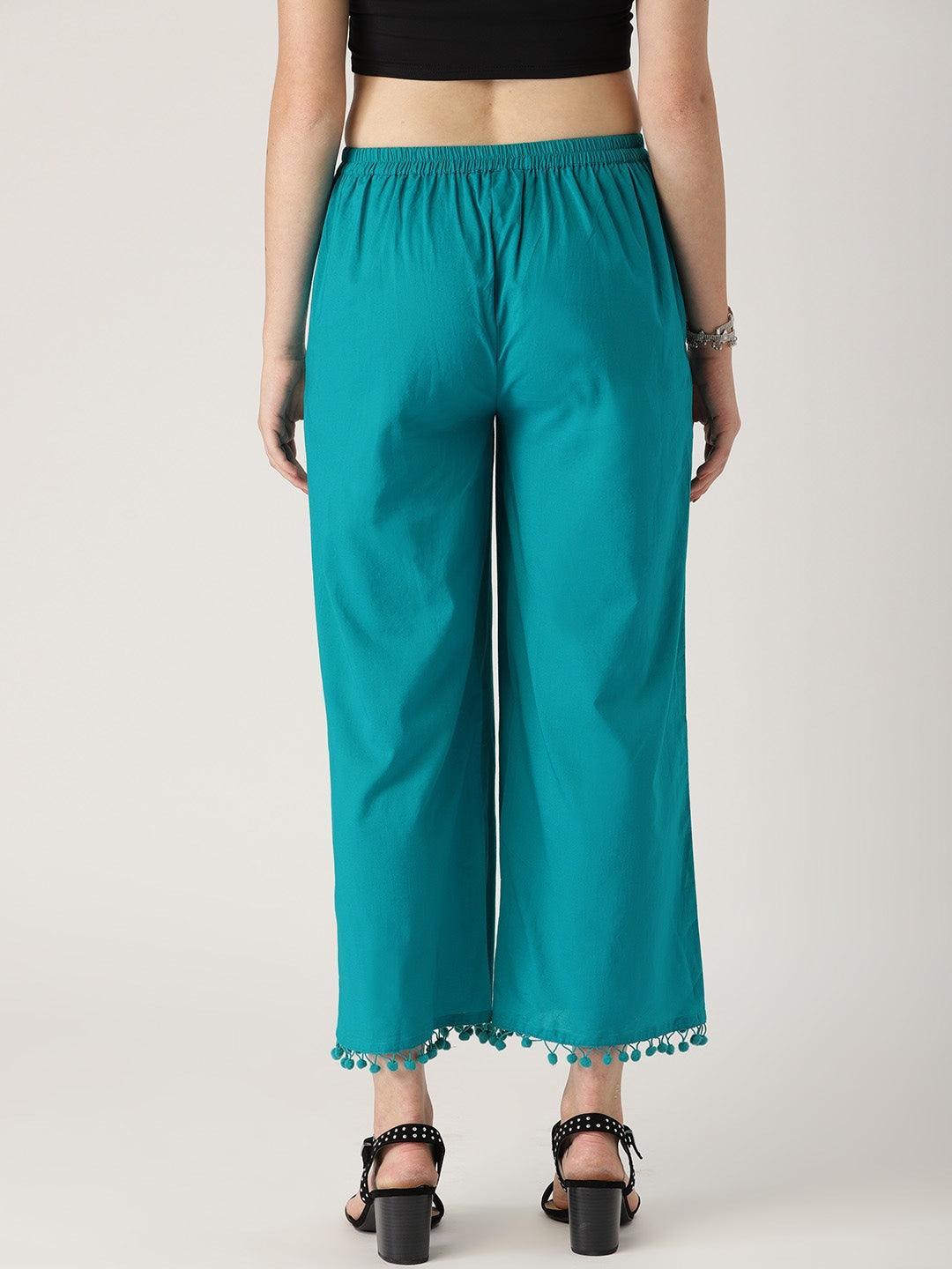 Blue Solid Cotton Palazzos - ShopLibas 
