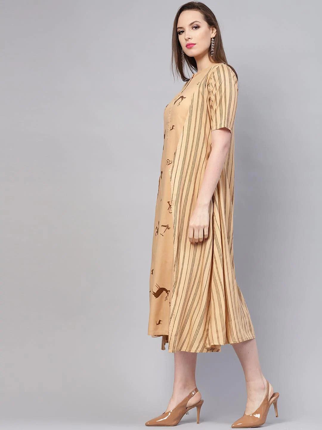 Beige Printed Rayon Dress With Jacket - ShopLibas