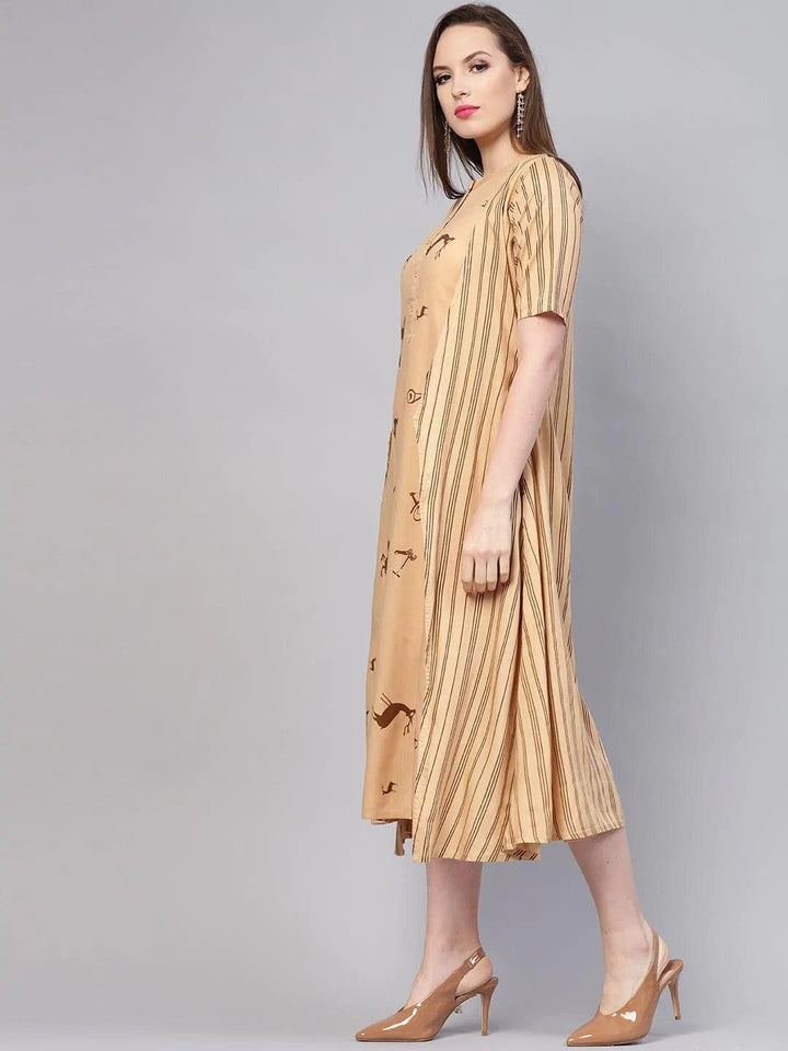 Beige Printed Rayon Dress With Jacket - ShopLibas