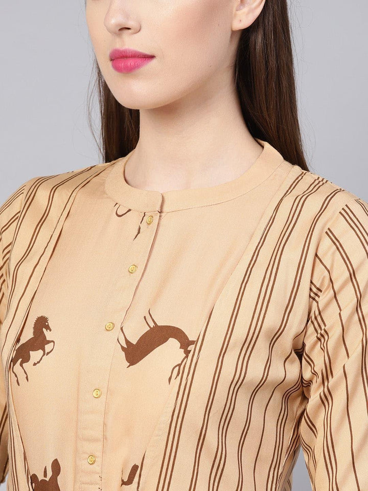 Beige Printed Rayon Dress With Jacket - ShopLibas