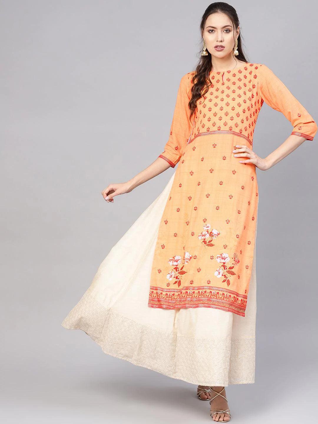 Orange Printed Rayon Kurta - ShopLibas