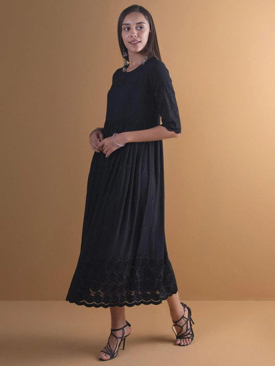 Black Schiffli Rayon Dress - ShopLibas