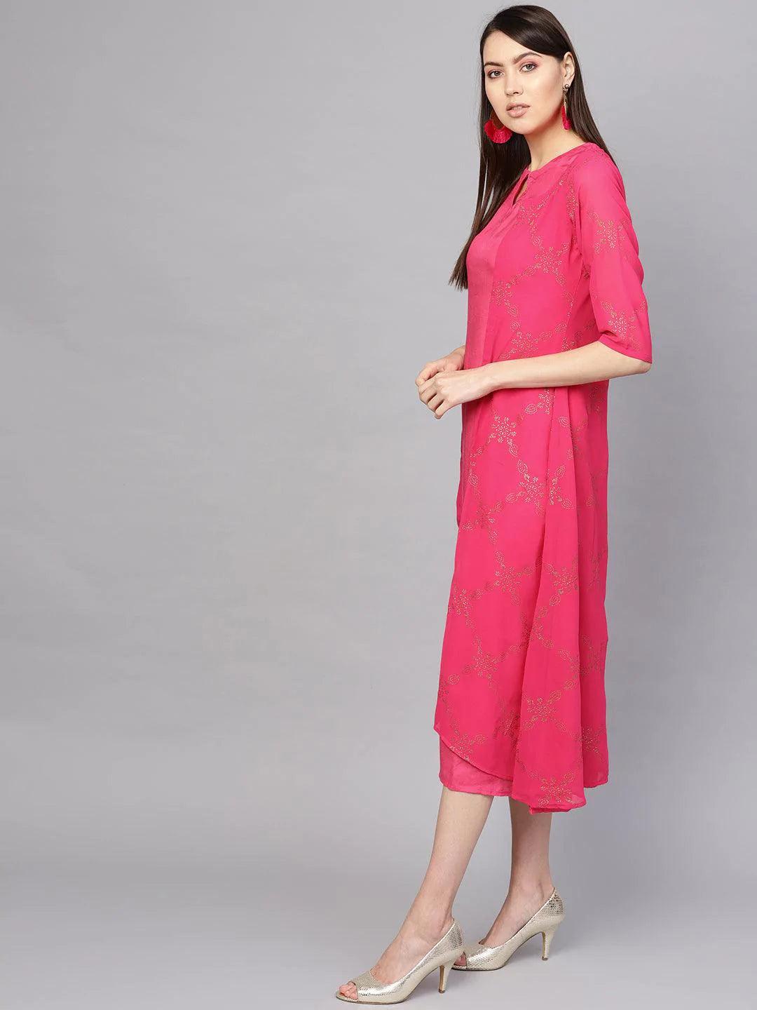 Pink Printed Polyester Dress With Jacket - ShopLibas