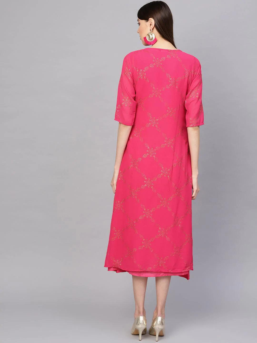 Pink Printed Polyester Dress With Jacket - ShopLibas
