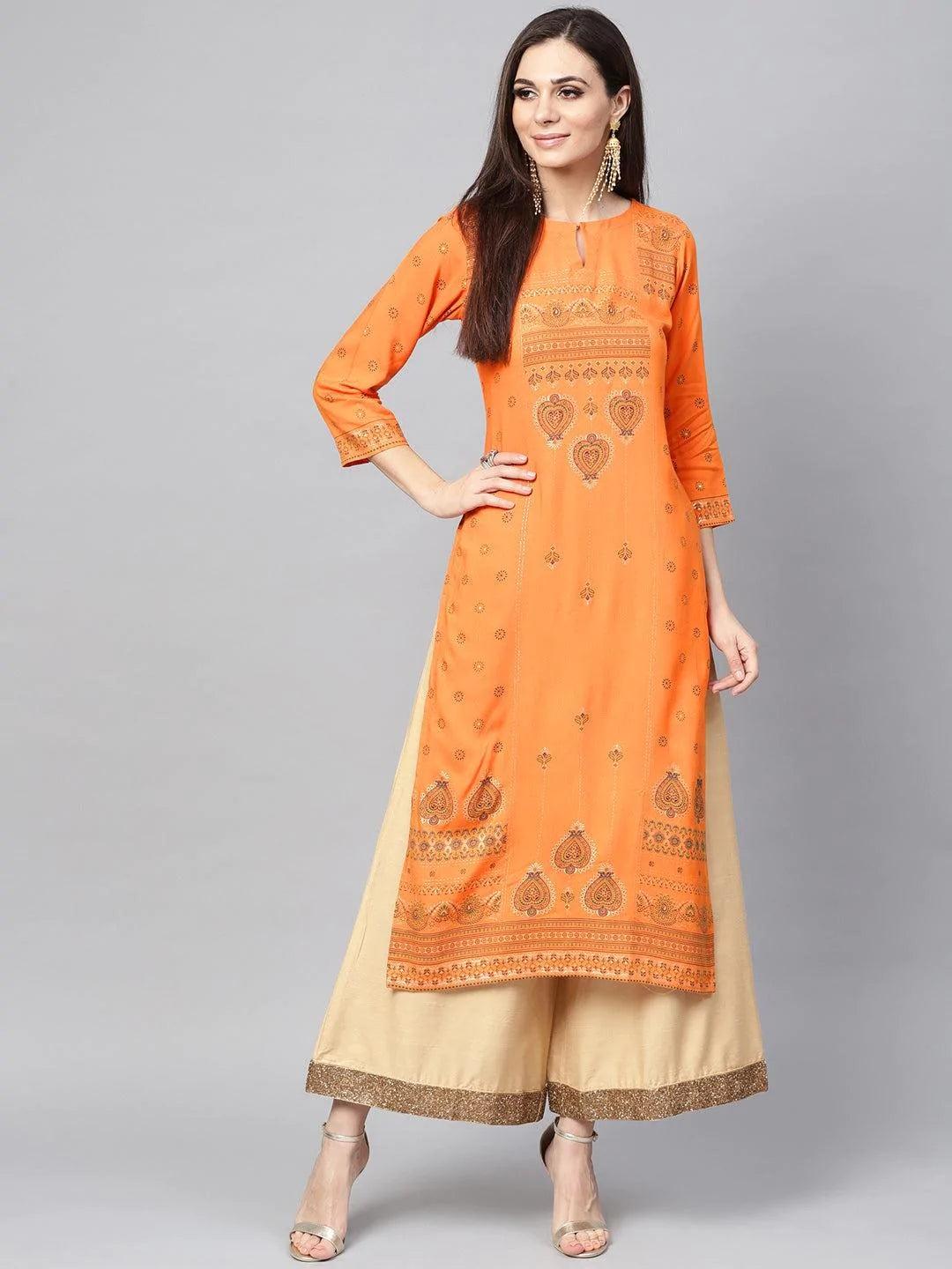 Orange Printed Rayon Kurta - ShopLibas
