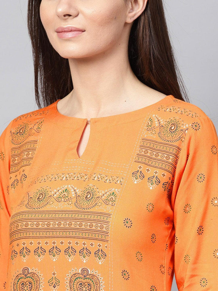 Orange Printed Rayon Kurta - ShopLibas