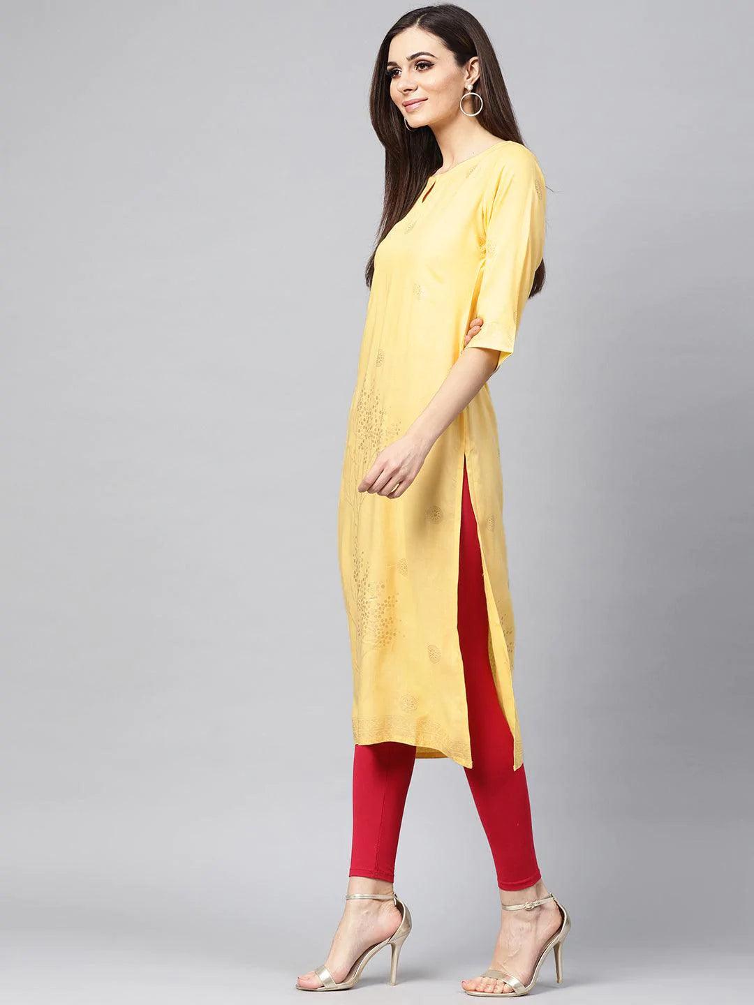 Yellow Printed Rayon Kurta - ShopLibas 