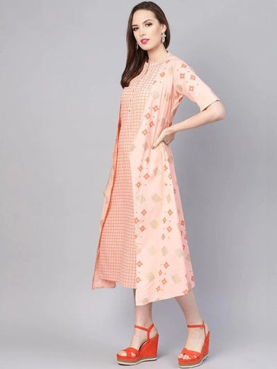 Pink Printed Cotton Dress With Jacket - ShopLibas