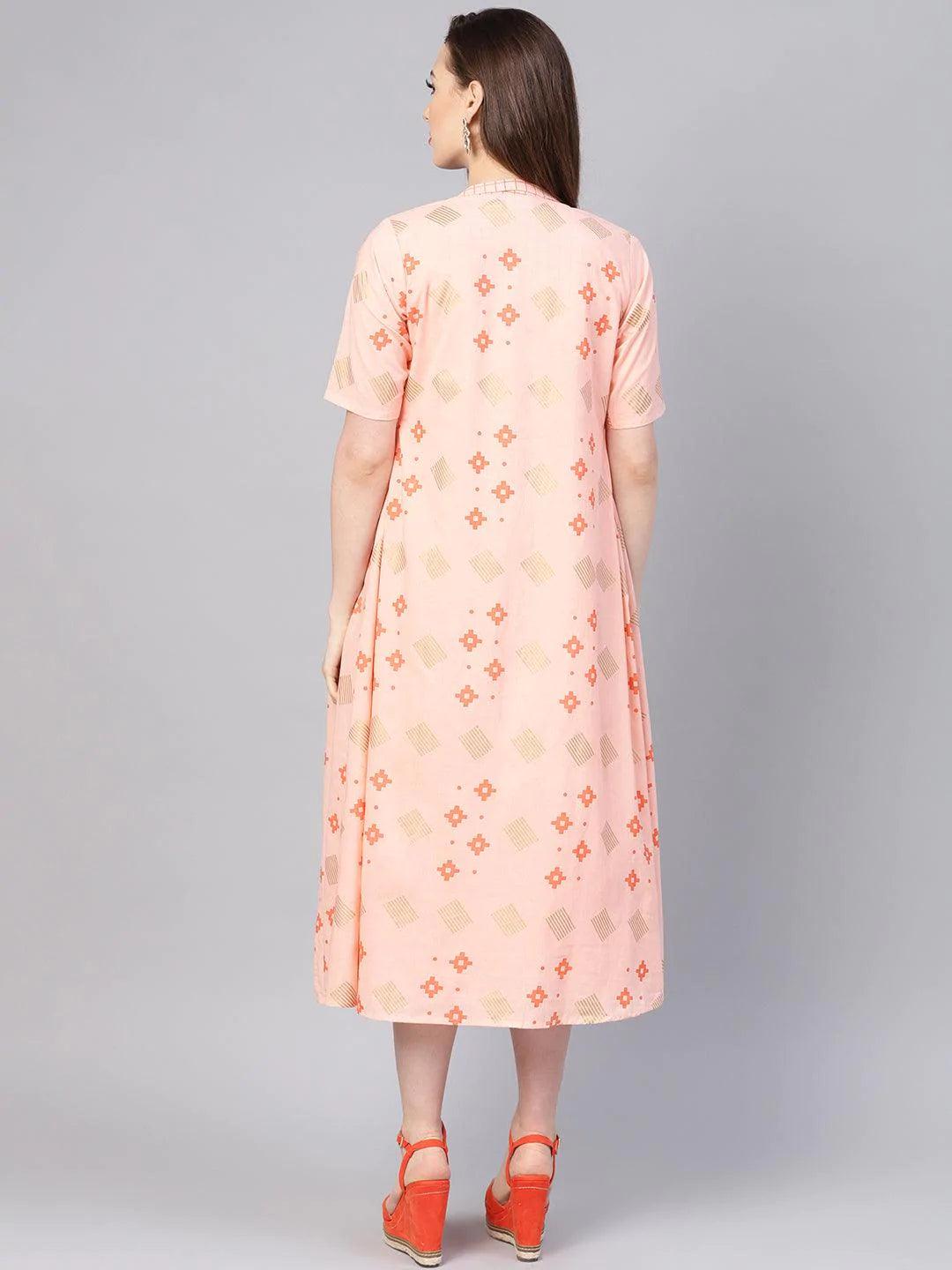 Pink Printed Cotton Dress With Jacket - ShopLibas