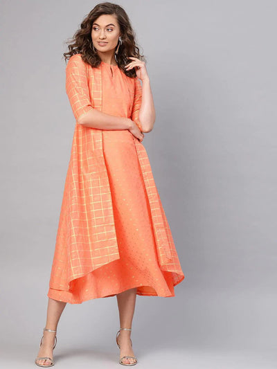 Orange Self Design Chanderi Dress With Jacket - ShopLibas