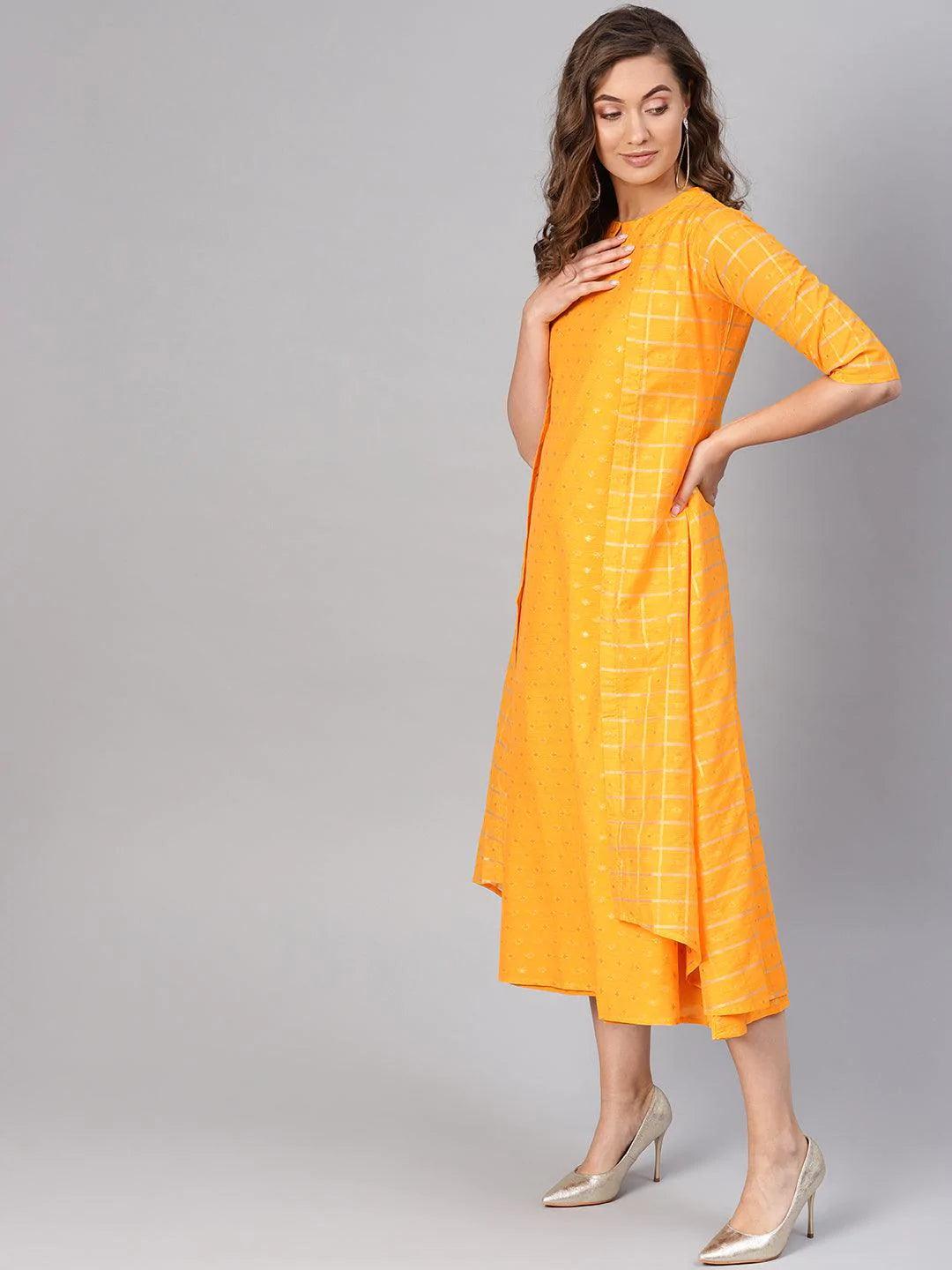 Yellow Self Design Chanderi Dress With Jacket - ShopLibas