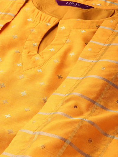 Yellow Self Design Chanderi Dress With Jacket - ShopLibas