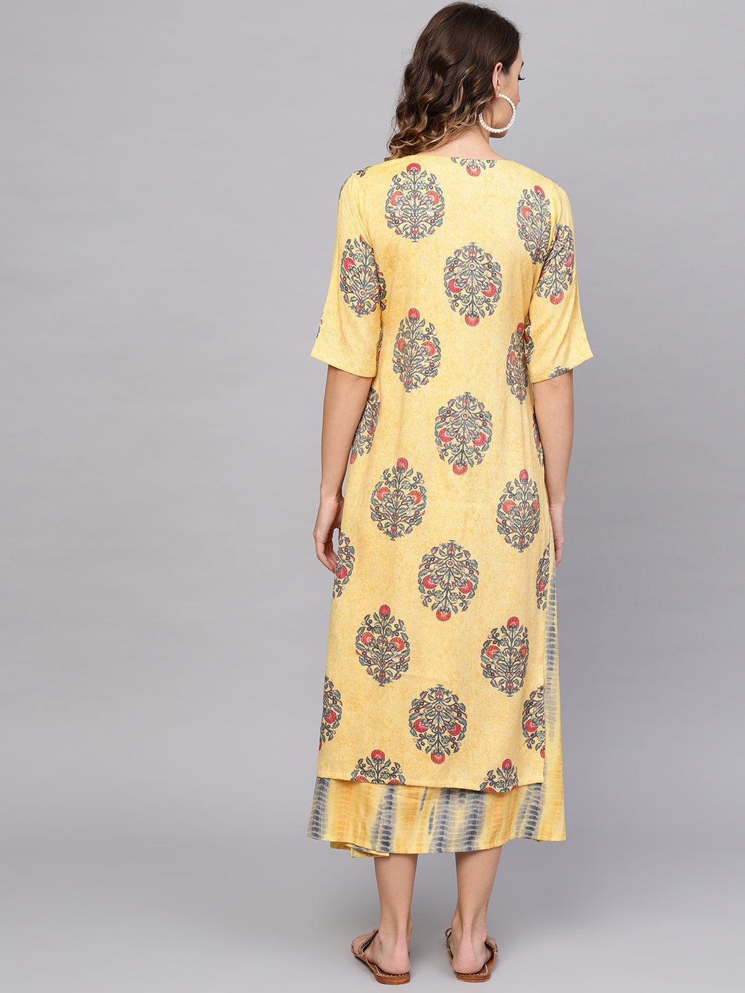 Yellow Printed Rayon Dress With Jacket - ShopLibas