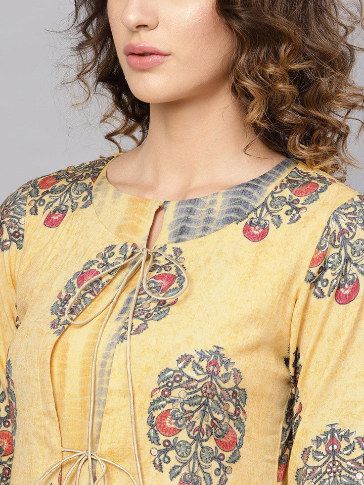 Yellow Printed Rayon Dress With Jacket - ShopLibas