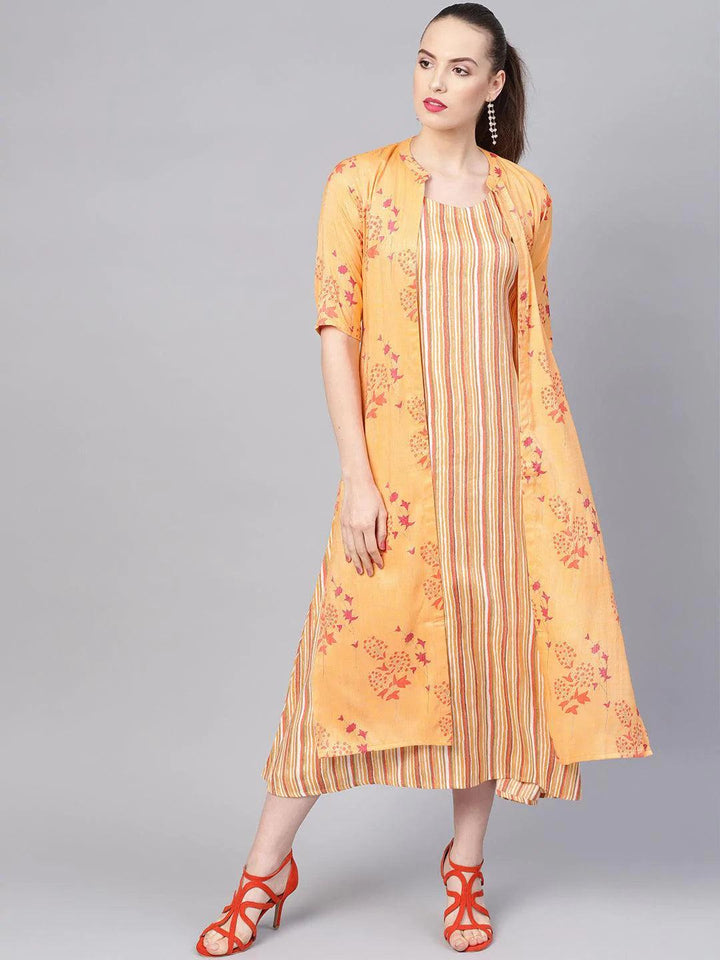 Yellow Printed Rayon Dress With Jacket - ShopLibas
