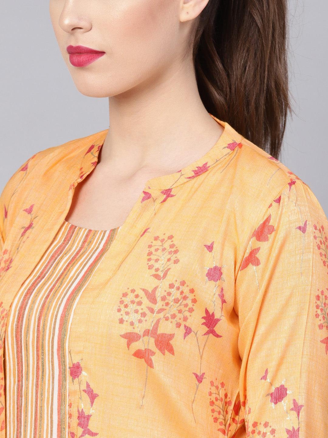 Yellow Printed Rayon Dress With Jacket - ShopLibas