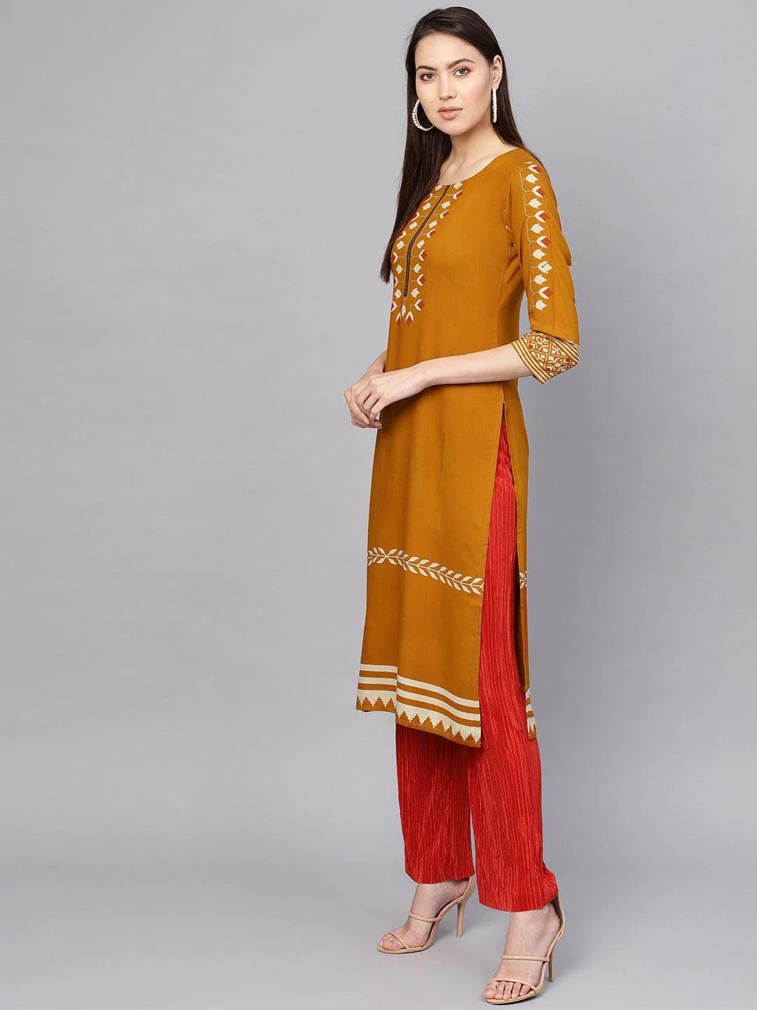 Yellow Printed Rayon Kurta - ShopLibas 