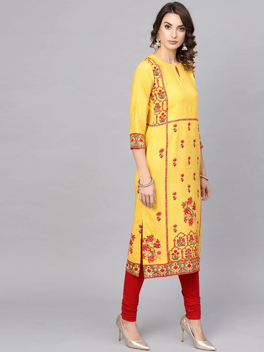 Yellow Printed Rayon Kurta - ShopLibas 