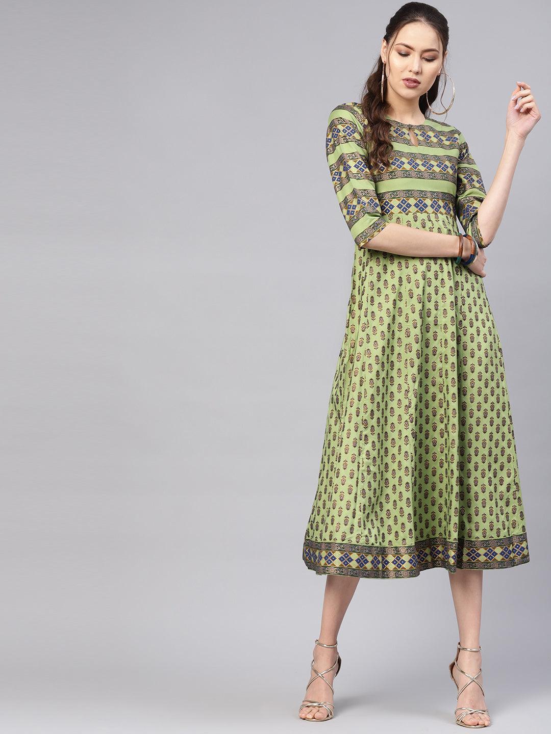 Green Printed Cotton Dress - ShopLibas