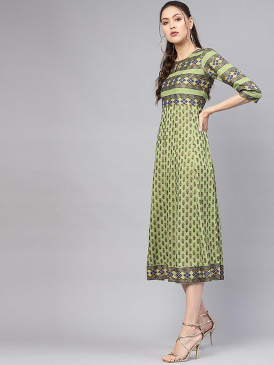 Green Printed Cotton Dress - ShopLibas