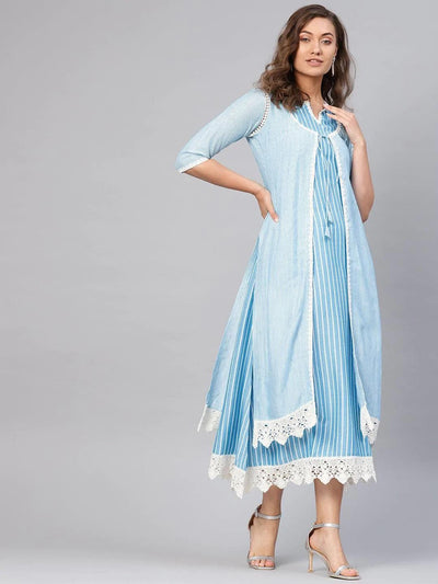 Blue Striped Cotton Dress With Jacket - ShopLibas