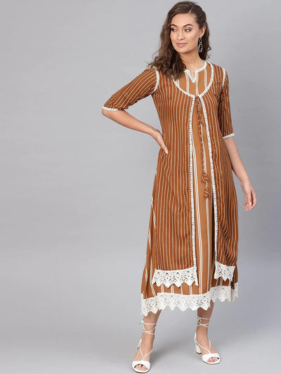 Brown Striped Rayon Dress With Jacket - ShopLibas
