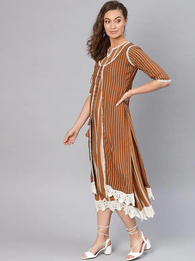 Brown Striped Rayon Dress With Jacket - ShopLibas
