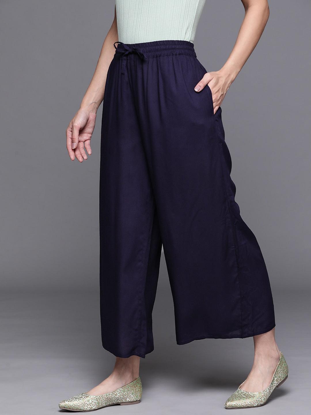 Blue Solid Rayon Palazzos - ShopLibas 