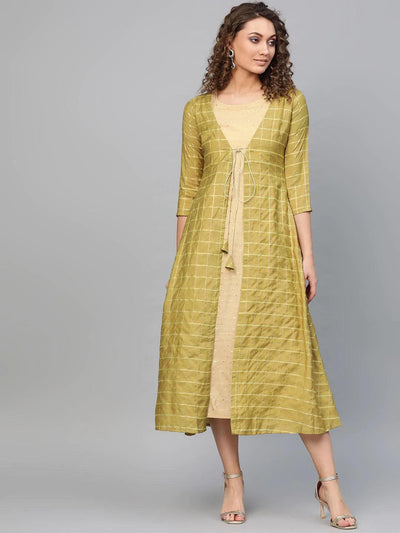 Olive Self Design Polyester Dress With Jacket - ShopLibas