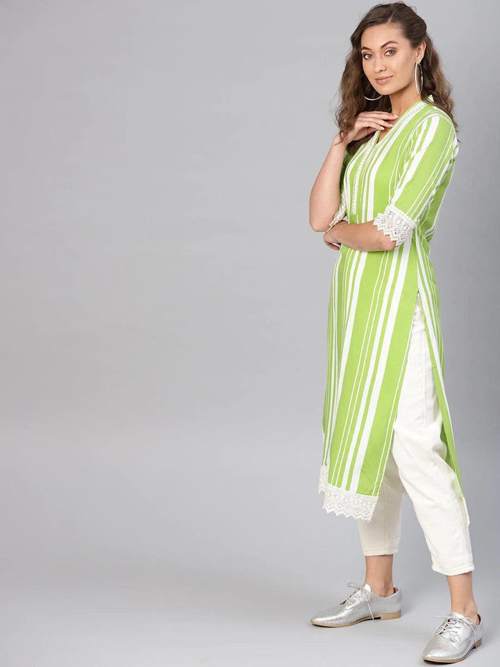 Green Striped Rayon Kurta