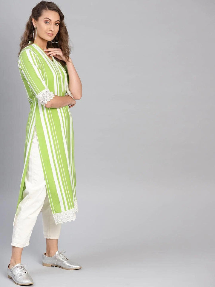 Green Striped Rayon Kurta
