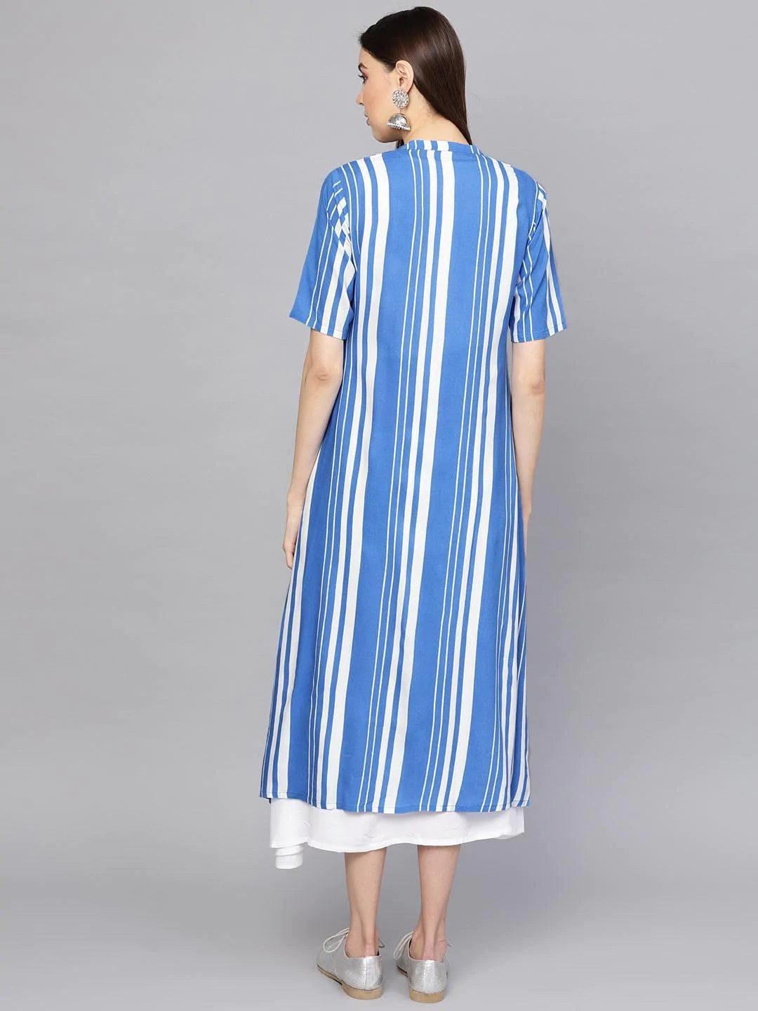 White Striped Cotton Dress With Jacket - ShopLibas