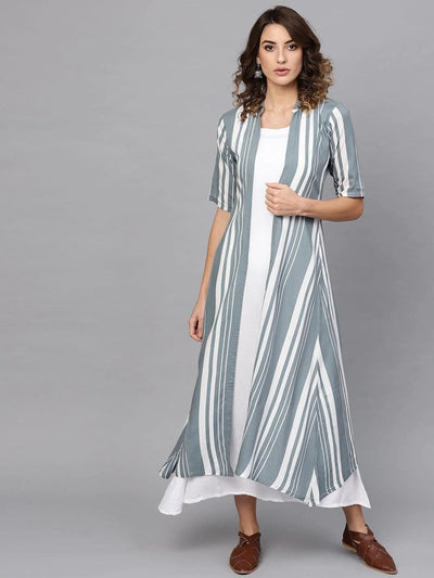 White Striped Rayon Dress With Jacket - ShopLibas