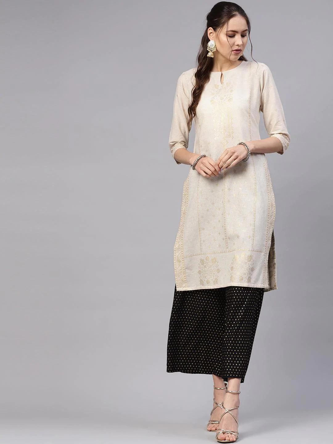 Beige Printed Cotton Kurta - ShopLibas