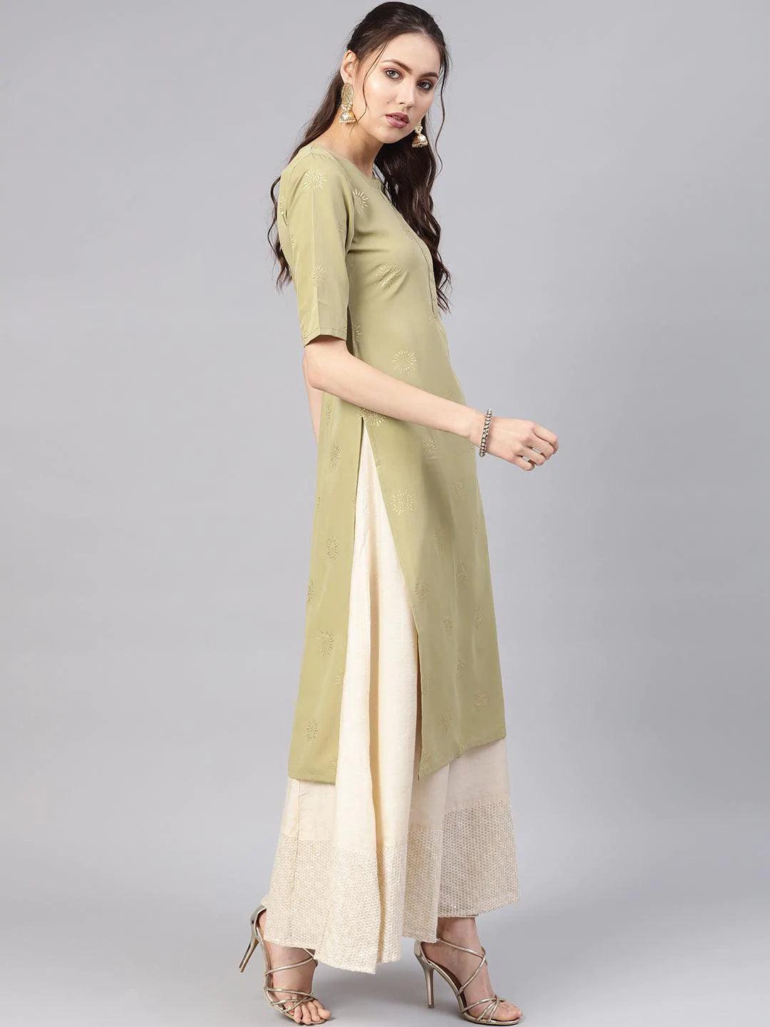 Green Printed Crepe Kurta - ShopLibas