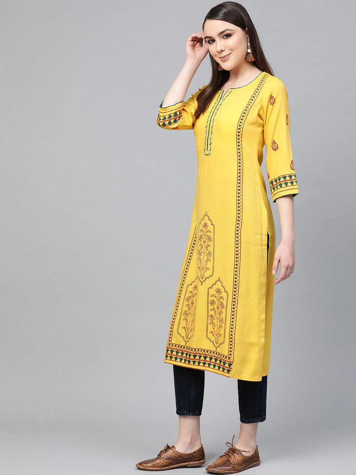Yellow Printed Rayon Kurta