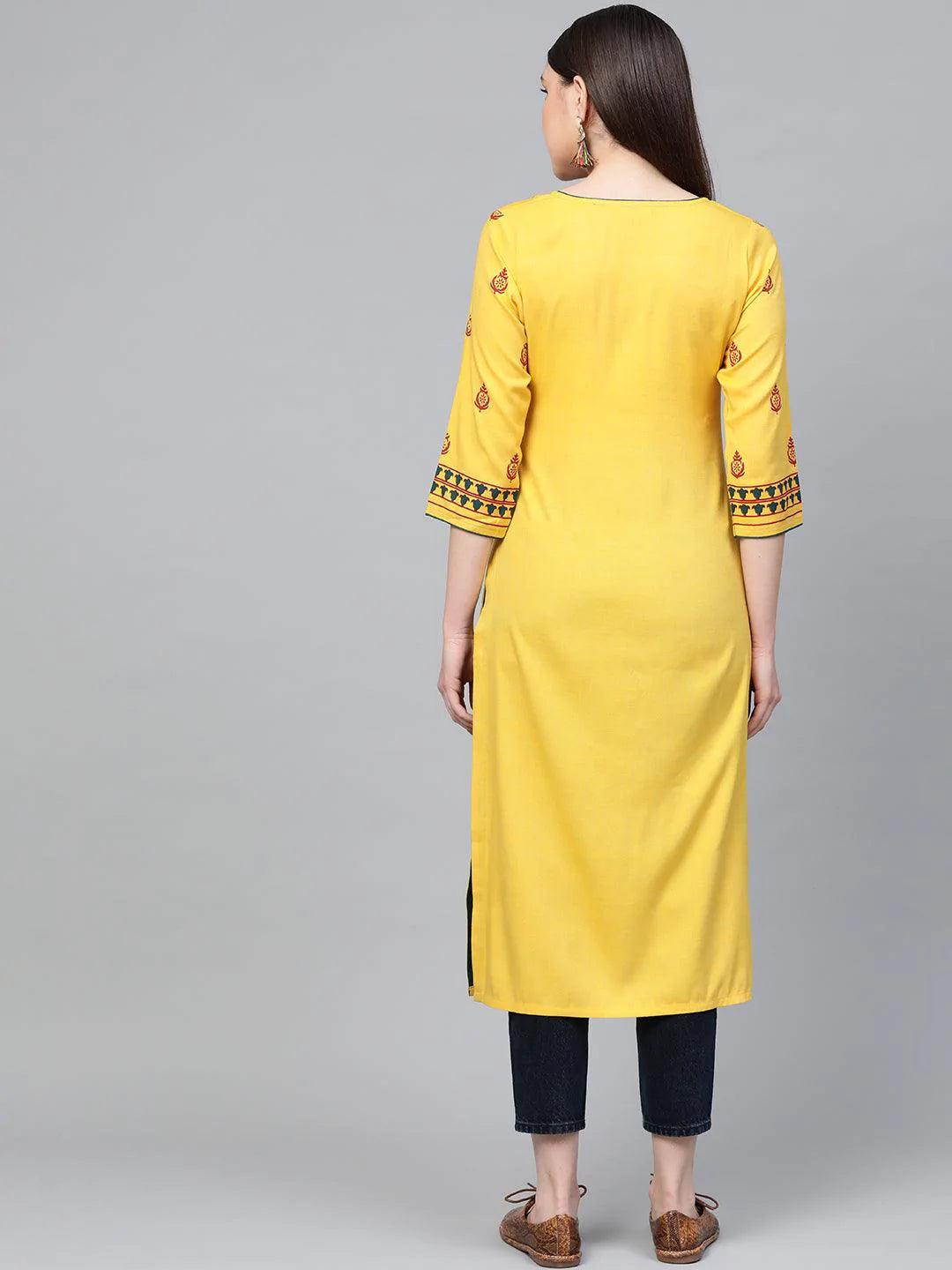Yellow Printed Rayon Kurta - ShopLibas 