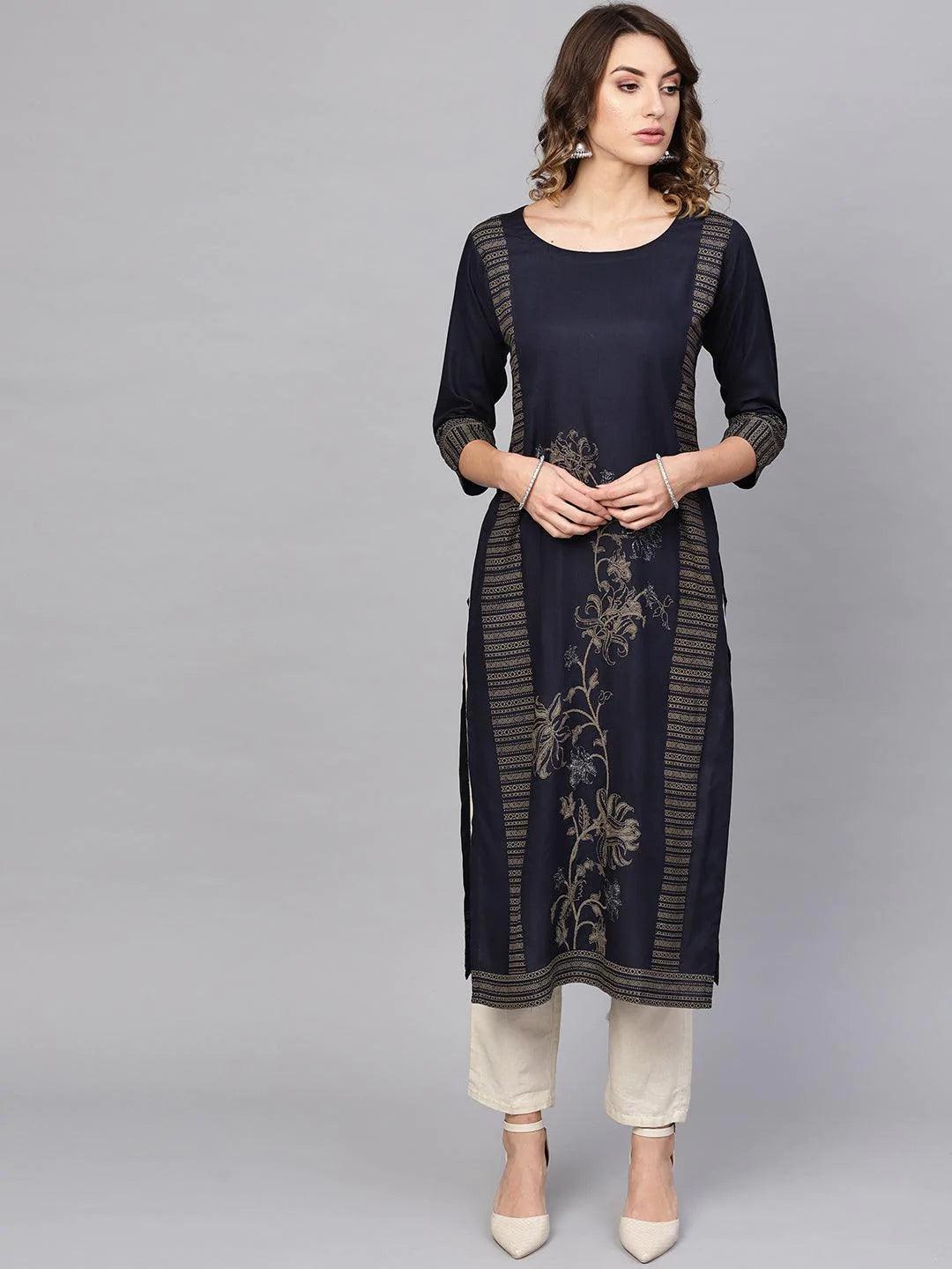Blue Printed Cotton Kurta - ShopLibas