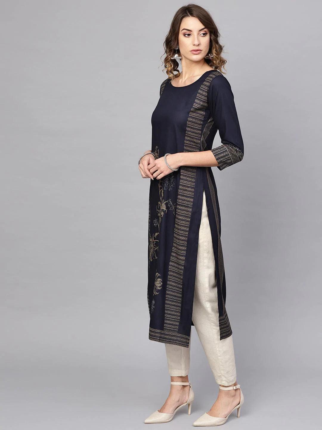Blue Printed Cotton Kurta - ShopLibas