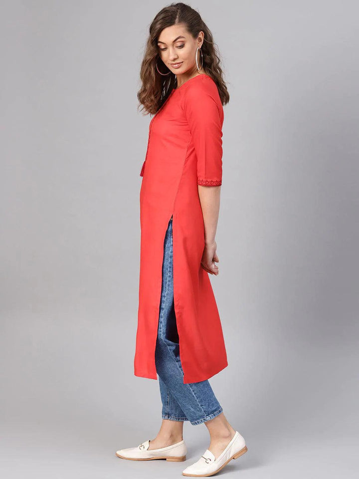 Red Embroidered Rayon Kurta