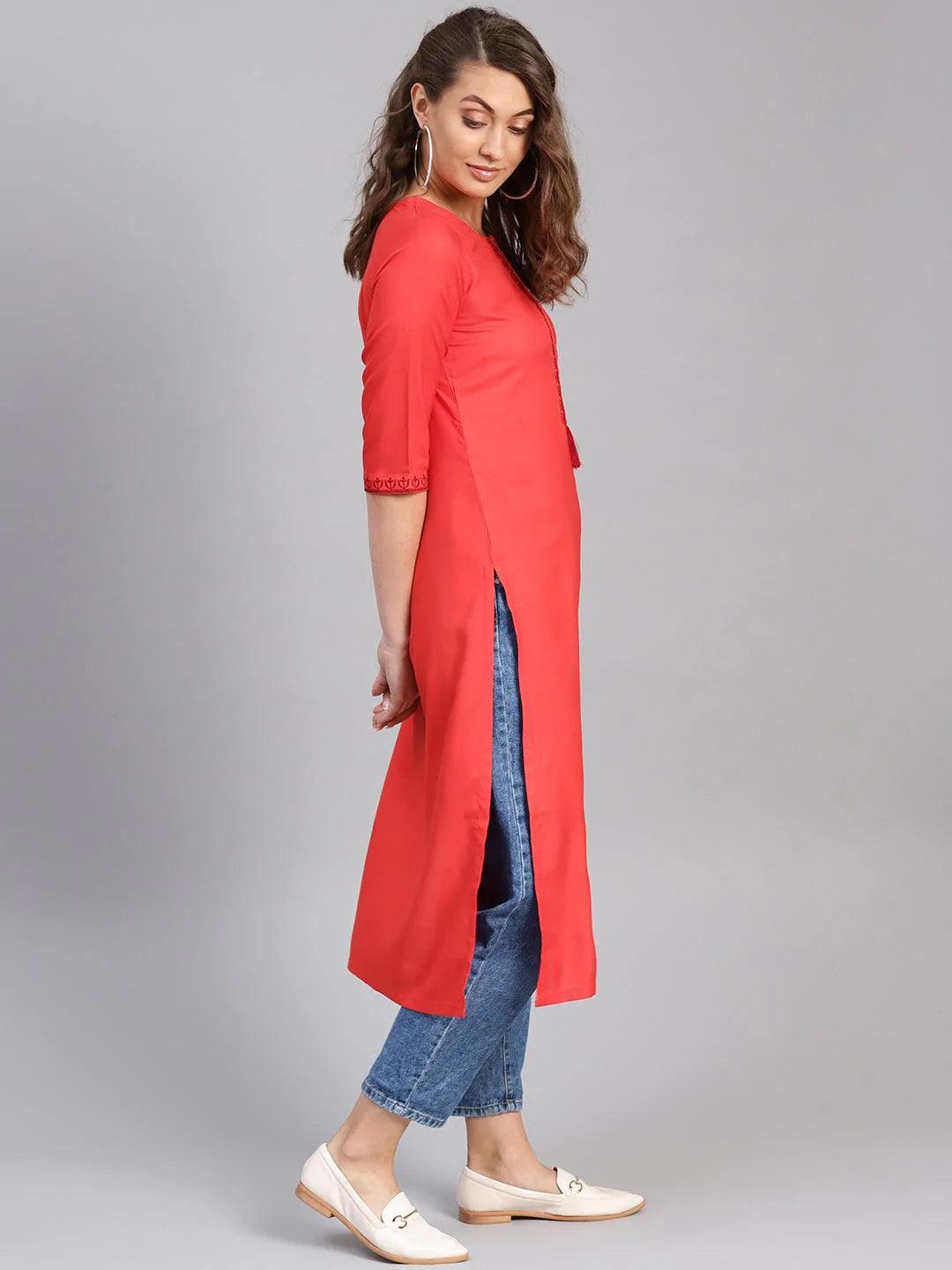 Red Embroidered Rayon Kurta - ShopLibas 