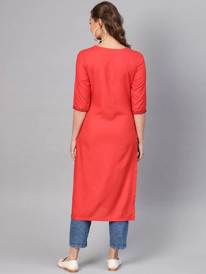 Red Embroidered Rayon Kurta