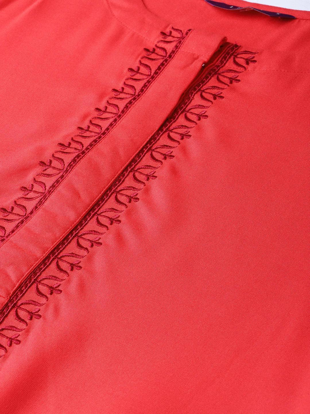 Red Embroidered Rayon Kurta - ShopLibas 