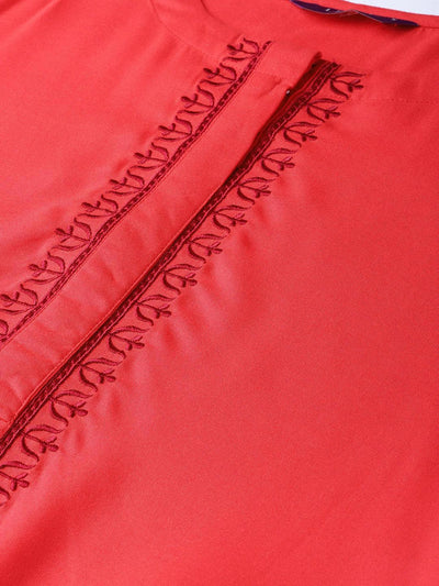 Red Embroidered Rayon Kurta - ShopLibas