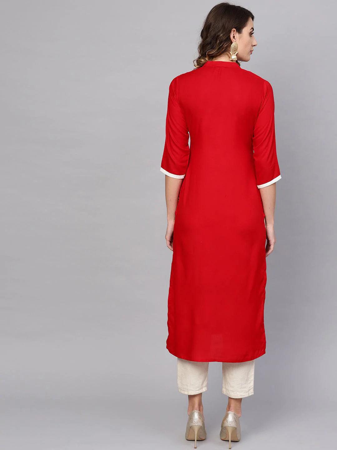 Red Embroidered Rayon Kurta - ShopLibas 