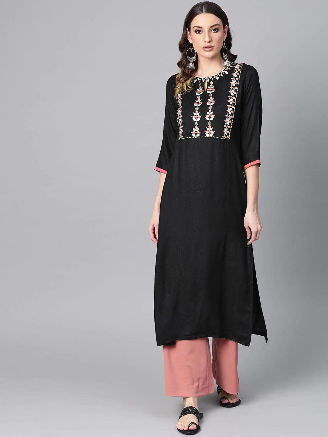 Black Printed Rayon Kurta - ShopLibas
