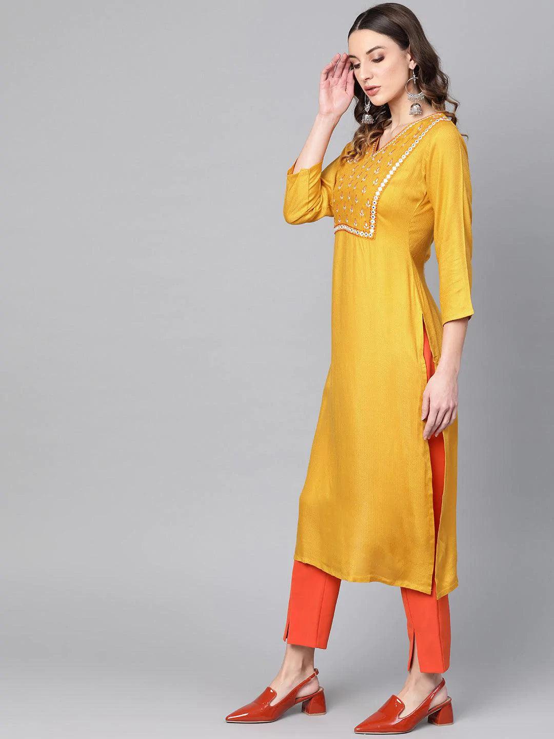 Yellow Printed Rayon Kurta - ShopLibas 