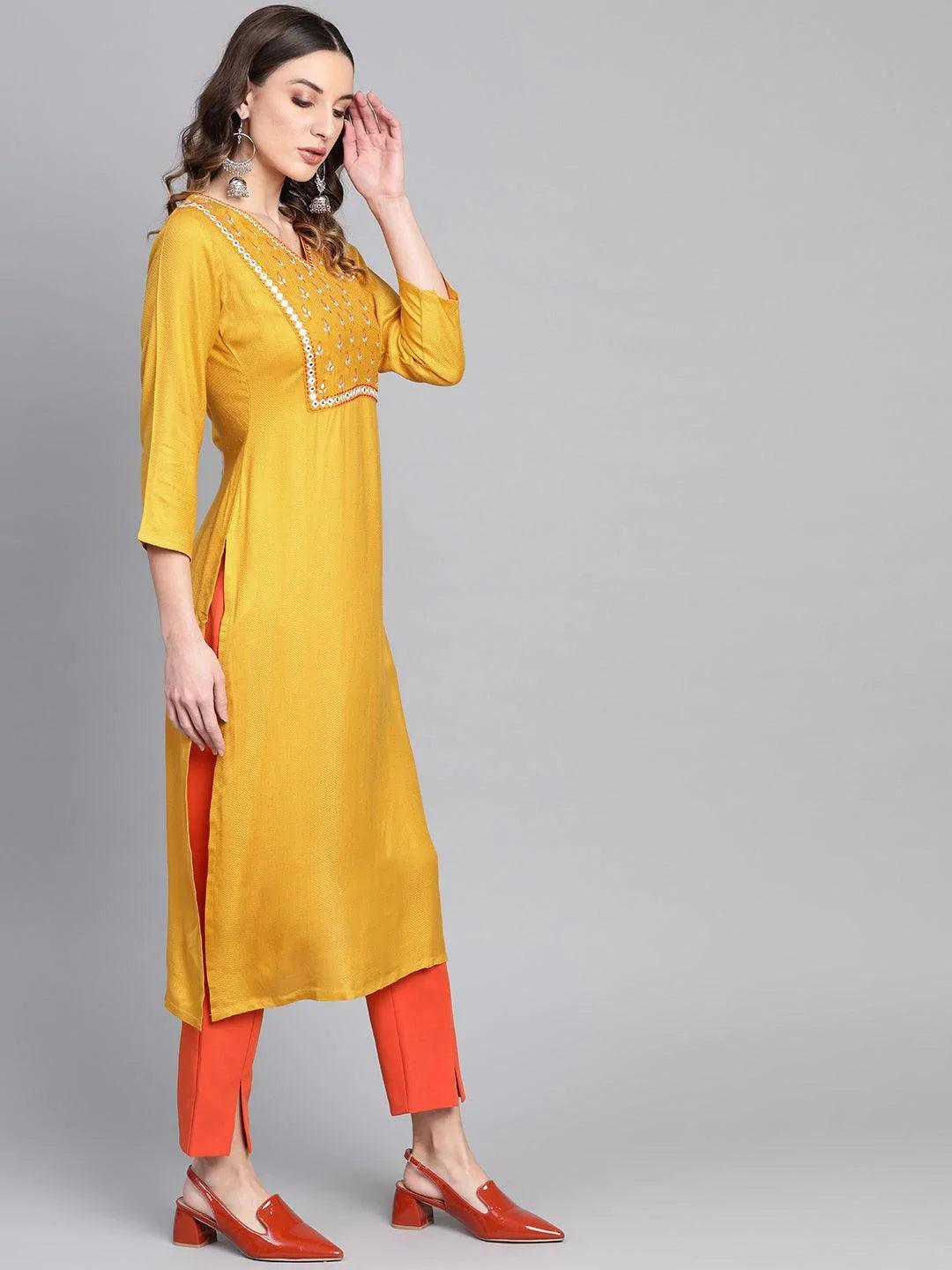 Yellow Printed Rayon Kurta - ShopLibas 