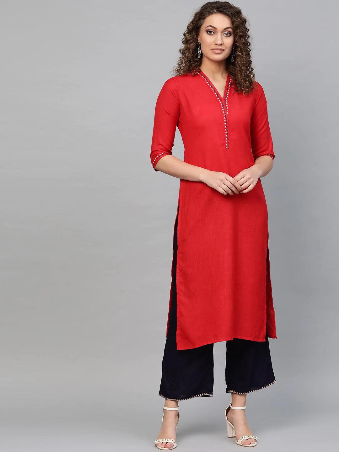 Red Printed Cotton Kurta - ShopLibas